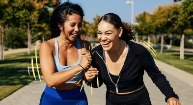 Two women running together